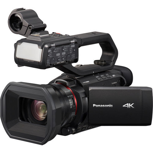 Front-side view of the Panasonic HC-X2000 UHD Camcorder, ideal for travel stories, documentaries, or on-the-go interviews.
