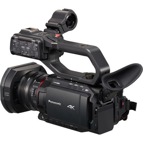 Rear-left view of the Panasonic HC-X2000 UHD Camcorder, showing the top handle for live-streaming and hybrid events.