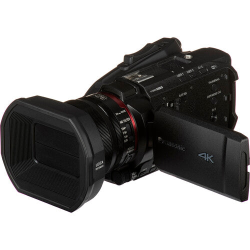 Angled view of the Panasonic HC-X2000 UHD Camcorder, showing the viewfinder, for use in live streaming and studio productions