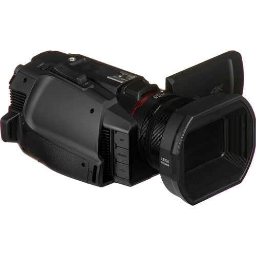Front-right view of the Panasonic HC-X2000 UHD Camcorder, showing the camera lens, ideal for lectures, webinars & studios.