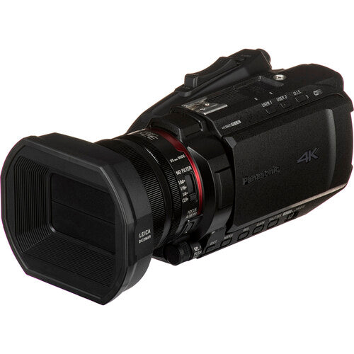 Front-left view of the Panasonic HC-X2000 UHD Camcorder, showing the camera body, ideal for compact filmmaking and vlogging.