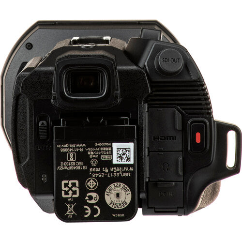 Rear view of the Panasonic HC-X2000 4K professional camcorder, showing the viewfinder, ideal for pre-recorded virtual events.