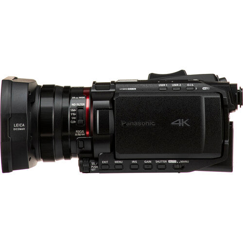 Side view of the Panasonic HC-X2000 4K professional camcorder, showing the viewfinder, ideal for pre-recorded virtual events.