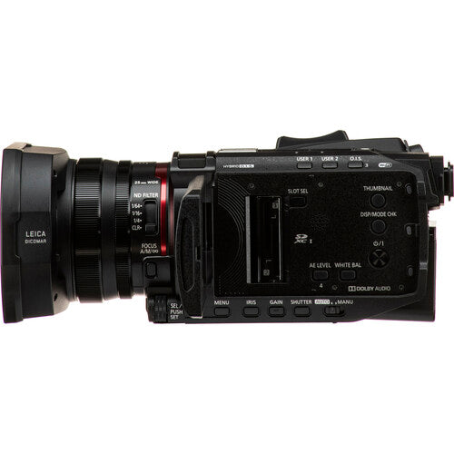 Side view of the Panasonic HC-X2000 4K professional camcorder, ideal for content creation and studio recording.