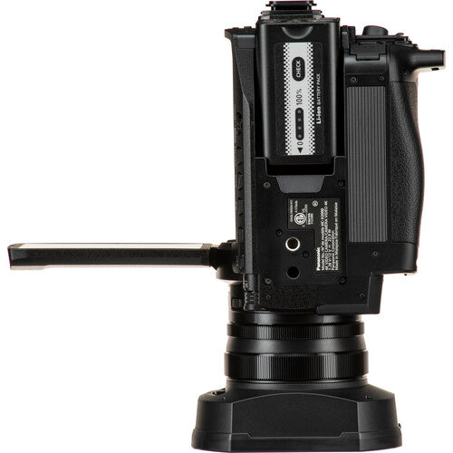 Top view of a Panasonic HC-X2000 UHD professional camcorder, with extended flip-out screen for handheld studio recording.