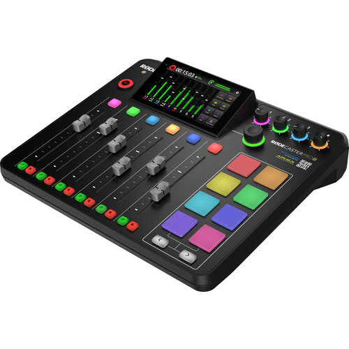RODE RODECaster Pro II Integrated Audio Production Studio, best used for podcasting, side view of the product corner front