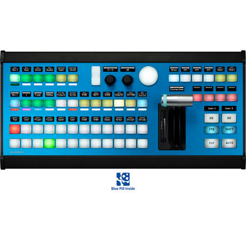 blue pill inside colourful console with lever