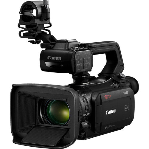 Front angle view of the Canon XA75 UHD 4K30 Camcorder, ideal for broadcast interviews and ENG field production.