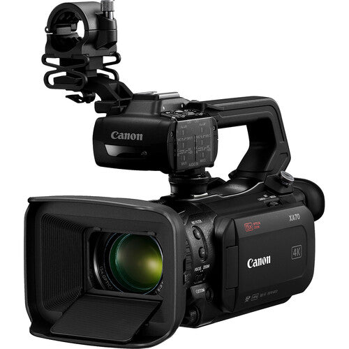 Front-left side view of a Canon XA70 4K30 camcorder with a large lens hood and top handle, ideal for live event production.