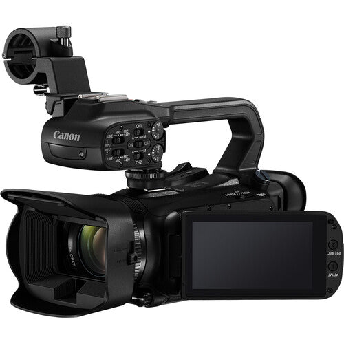 Side view of a Canon XA70 UHD 4K30 Camcorder with Dual-Pixel Autofocus for broadcast, documentary, and event production