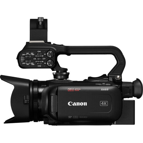 Side view of the Canon XA65 Professional UHD 4K camcorder with handle for use in broadcast journalism and field reporting.