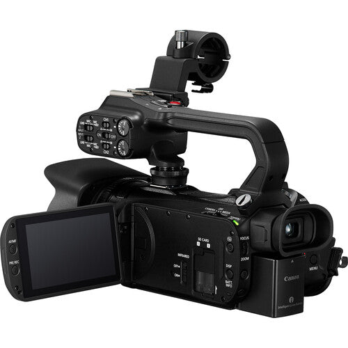 Rear-side view of the Canon XA65 Professional 4K camcorder with flip-out LCD screen open, ideal for wedding and videography.
