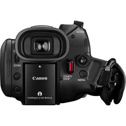 Rear view of the Canon XA65 UHD professional camcorder, showing controls and the viewfinder for electronic news gathering.
