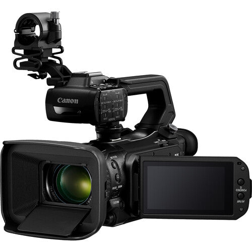Angled front view of the Canon XA75 4K camcorder with top-mounted XLR audio input, perfect for live events and filmmaking.
