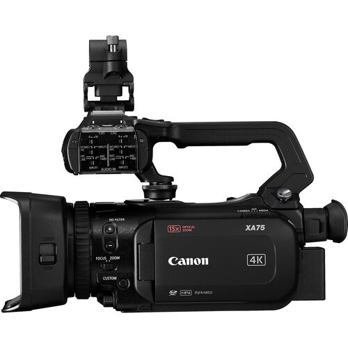 Side view of the Canon XA75 4K professional camcorder, showing zoom lens, ideal for run-and-gun video production and ENG.