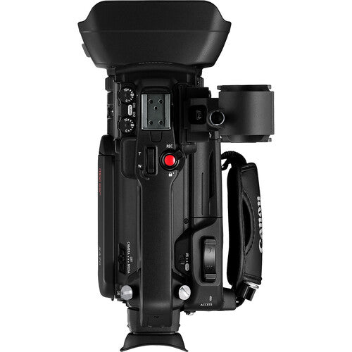 Top view of a Canon XA70 UHD 4K30 Camcorder, showing lens hood, hot shoe mount and dials, ideal for studio-based production