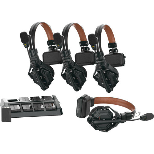 padded black and brown lineup headset with microphone