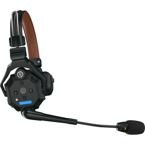 large headset and microphone side view blue light