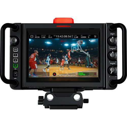 Rear view of the Blackmagic Design Studio Camera 4K Pro G2, showing an LCD screen, ideal for live broadcasting and recording.