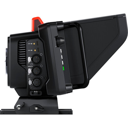 Side view of the Blackmagic Design Studio 4K Pro G2 Camera, showing ports ideal for live TV production, panel shows and podcasting.