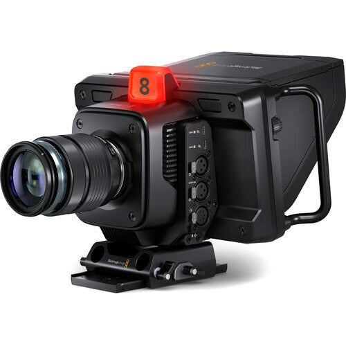 Front-side view of the Blackmagic Design Studio 4K Pro G2 Camera, showing the lens and tally light, ideal for newsrooms.