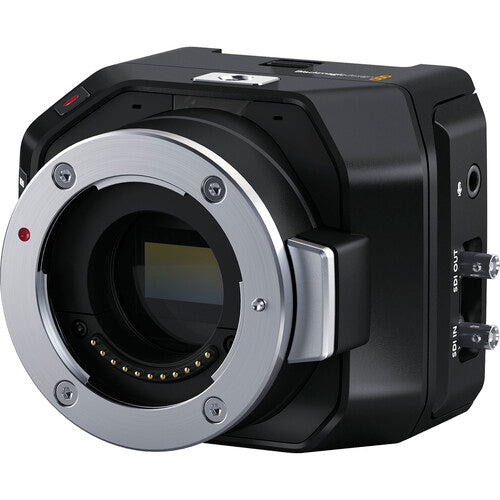 Front-side view of the Blackmagic Micro Studio Camera 4K for broadcasting, live broadcasts, and remote-operated installations