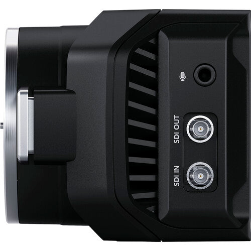The rear view of the Blackmagic Micro Studio Camera 4K shows SDI In, SDI Out, and 3.5mm microphone input ports.