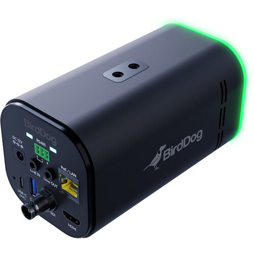 Front-right side view of a black BirdDog MAKI Ultra Box Camera, showing ports for use in professional video production.