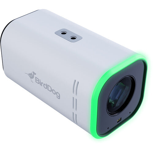 Front-left view of a white BirdDog MAKI Ultra 4K Box Camera, showing its lens, ideal for training videos and livestreams.