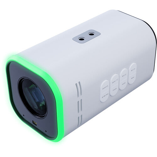 Front-right side view of a white BirdDog MAKI Ultra 4K Box Camera, showing its lens, ideal for esports and gaming streams.