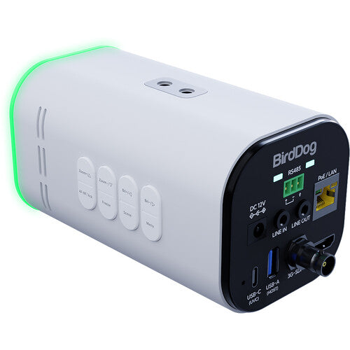 Rear-right side view of a white BirdDog MAKI Ultra 4K Box Camera, showing ports for studio builds with multiple cameras.