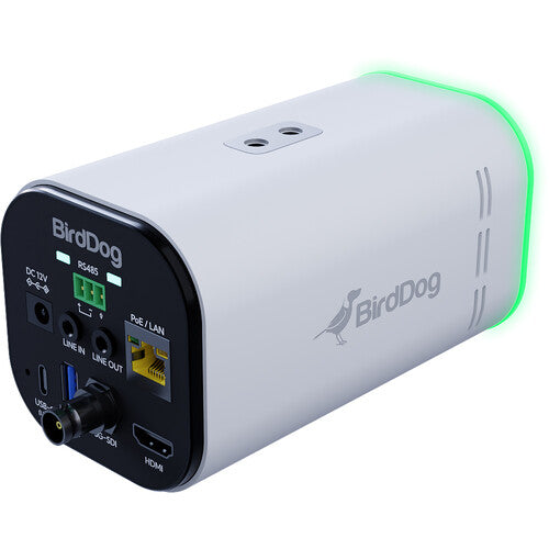 Rear side view of a white BirdDog MAKI Ultra 4K Box Camera, showing ports used for universities and online course platforms.