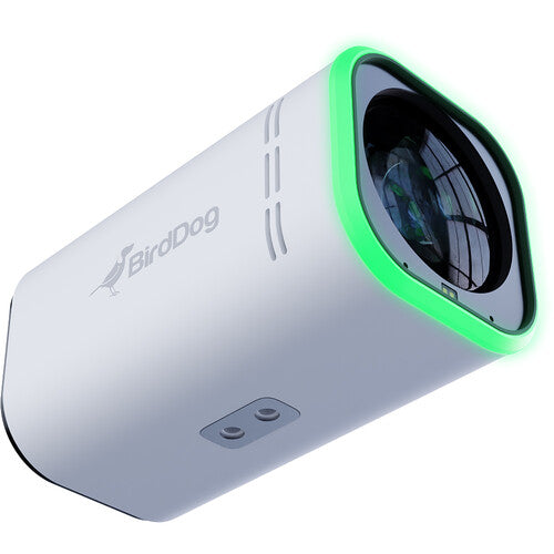 Front-angle view of white BirdDog PF120 camera with wide-angle lens and illuminated green ring for live production.