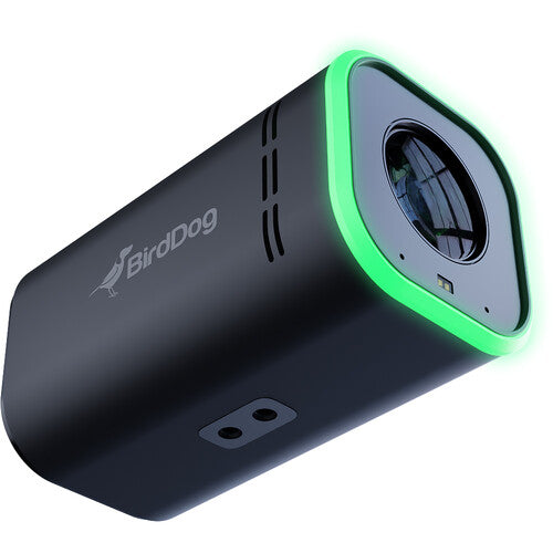 Front-side view of a black BirdDog MAKI Ultra 4K Box Camera, showing its 20x lens, ideal for professional live streaming.