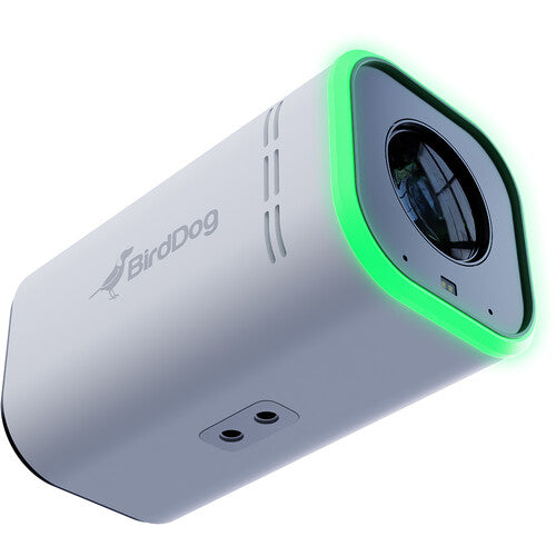 Front side view of a white BirdDog MAKI Ultra 4K Box Camera, showing its lens, ideal for concerts and sports broadcasting.