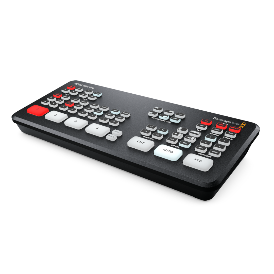 Angled view of the Blackmagic ATEM Mini Pro video switcher, used in live video production and sports broadcasting.