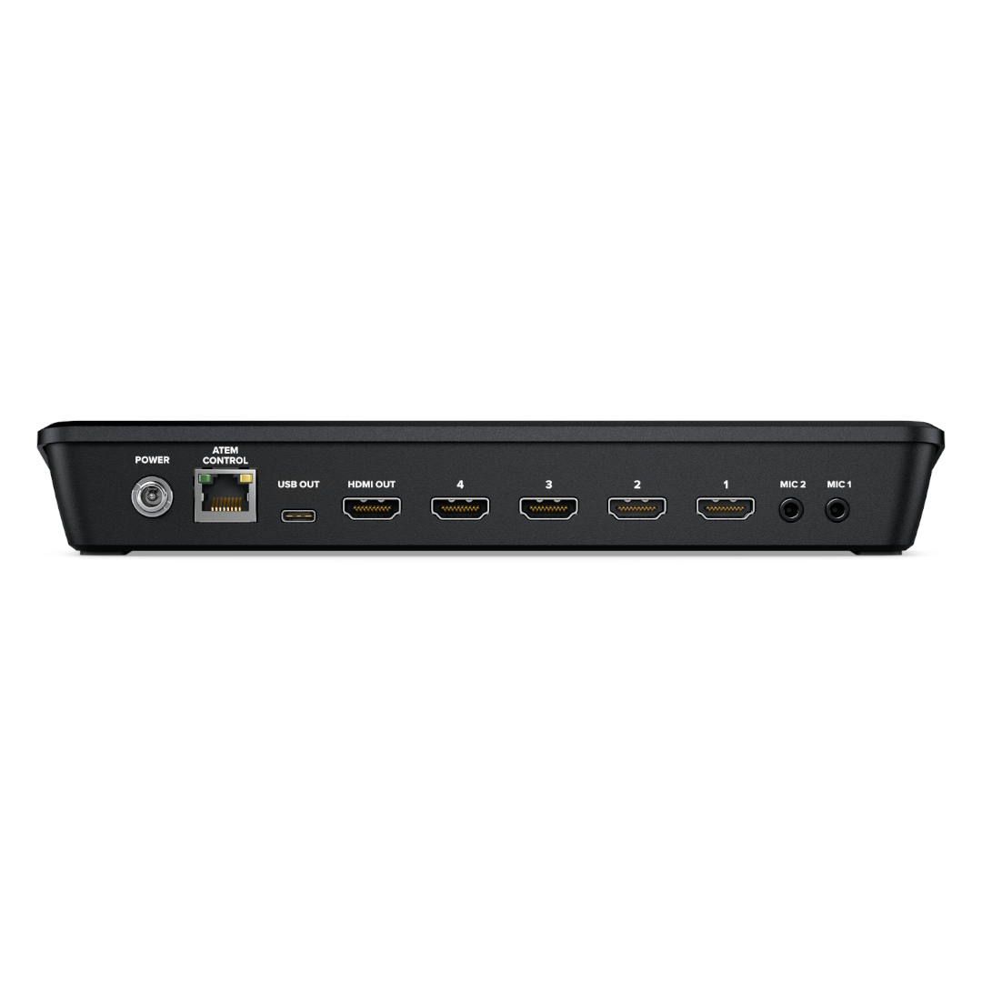 The rear-view of the Blackmagic ATEM Mini Pro shows power input, Ethernet, USB-C, HDMI out, four HDMI inputs, and mic jacks.
