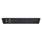 The rear-view of the Blackmagic ATEM Mini Pro shows power input, Ethernet, USB-C, HDMI out, four HDMI inputs, and mic jacks.