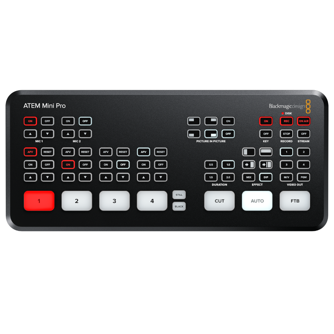 Top-down view of a Blackmagic Design ATEM Mini Pro video switcher, used in live video production and broadcasting.