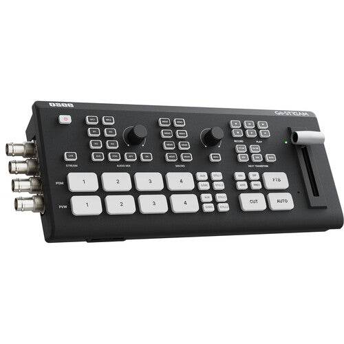 Angled view of the OSEE GOStream live video switcher with tactile input buttons used in sports and video broadcasting.