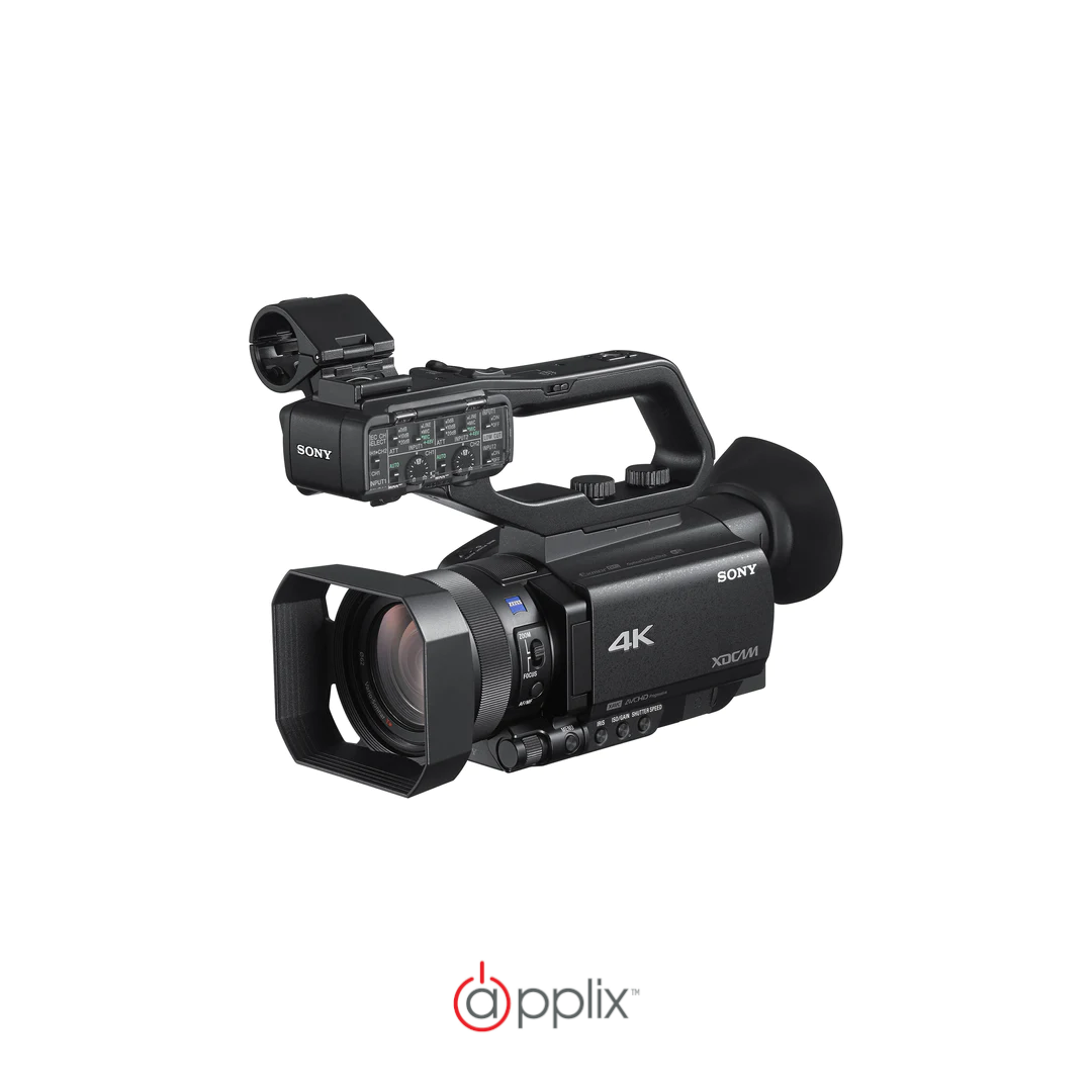 Angled view of the Sony PXW-Z90 4K HDR XDCAM Compact Camcorder, with external audio interface, for professional broadcasting.