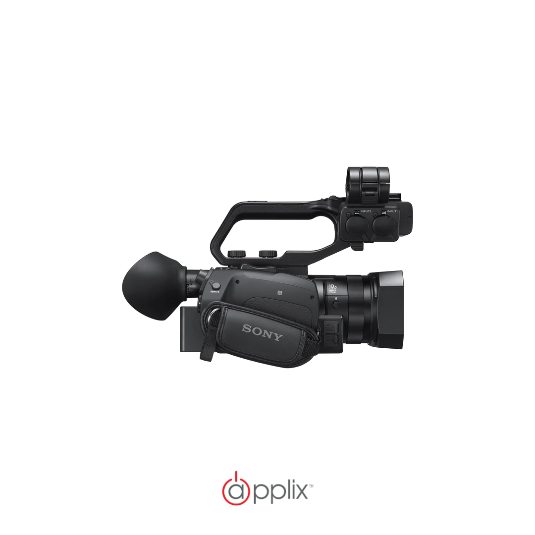 Side view of the Sony PXW-Z90 4K camcorder, showing the hand strap used for run-and-gun documentary and event production.