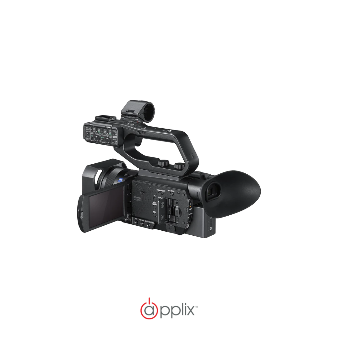 Rear three-quarter view of the Sony PXW-Z90 4K camcorder with LCD screen flipped open, perfect for multi-angle shooting.