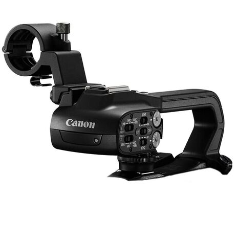 Close-up of a Canon HDU4 camera grip featuring dual XLR audio ports, ideal for on-location interviews and event coverage.