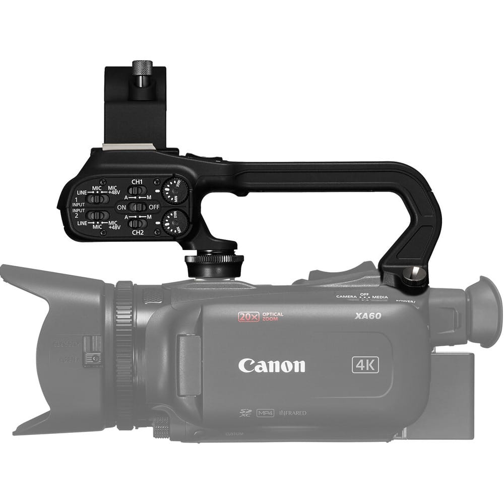 A Canon HDU4 handle fitted onto the Canon XA60 video camera is used for manual audio adjustment during video recording.