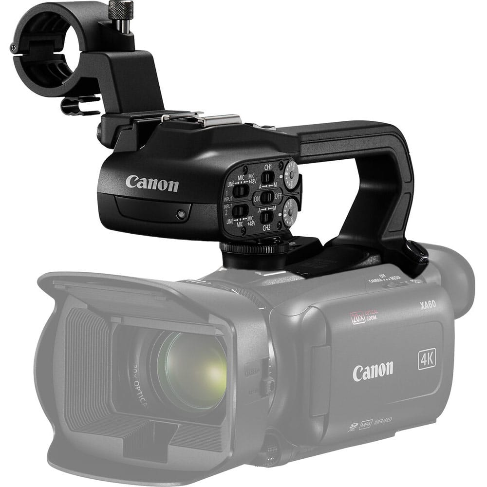 The front-side view of a Canon HDU4 handle fitted on a Canon XA60 4K camcorder is used for professional event videography.