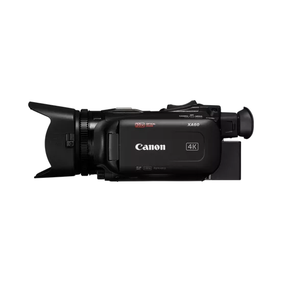 The side profile of the Canon XA60 4K camcorder is ideal for conferences, filmmaking, livestreaming, and events.