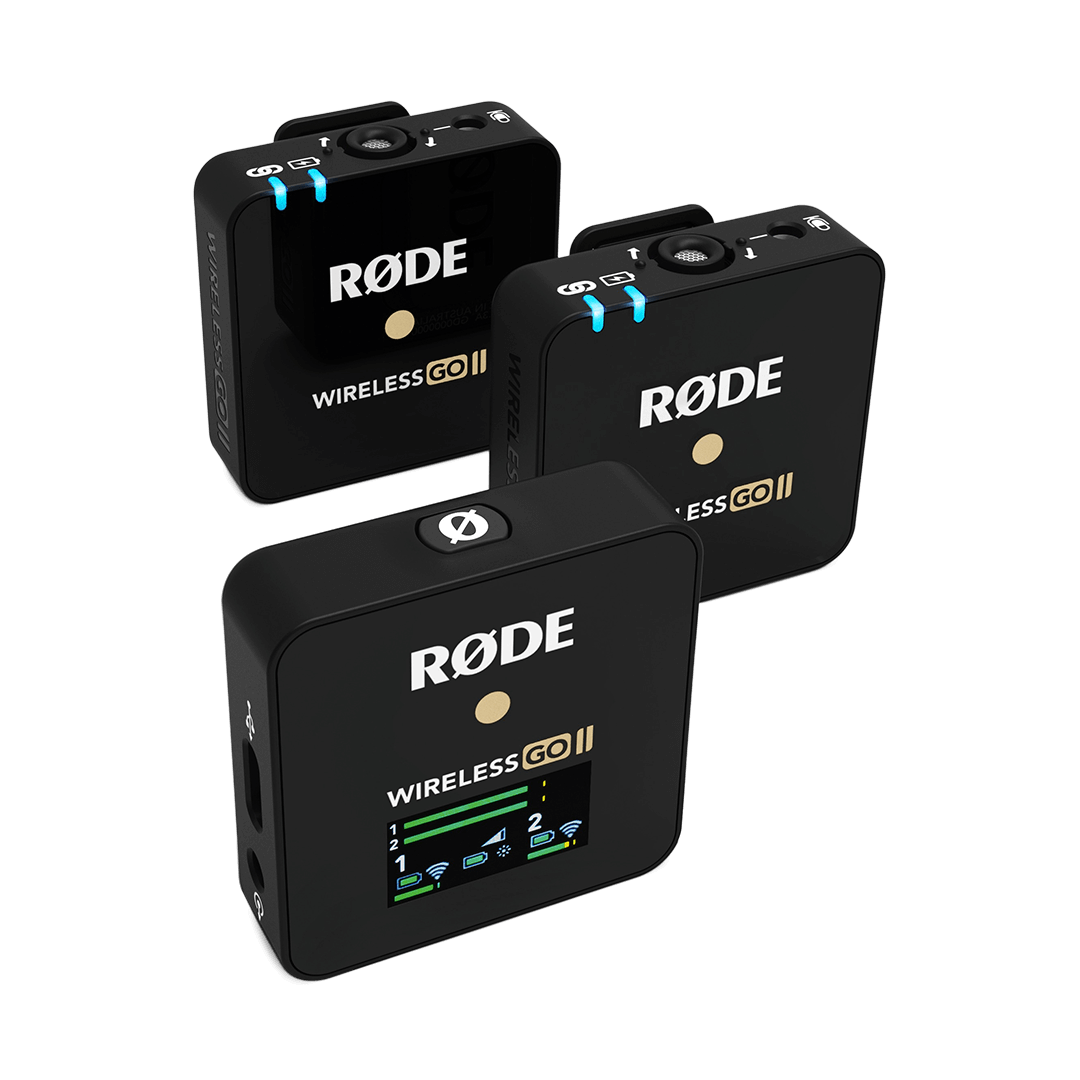 Rode Wireless GO II Dual Channel Wireless Microphone System, best used for dynamic audio capture, front view of the products.