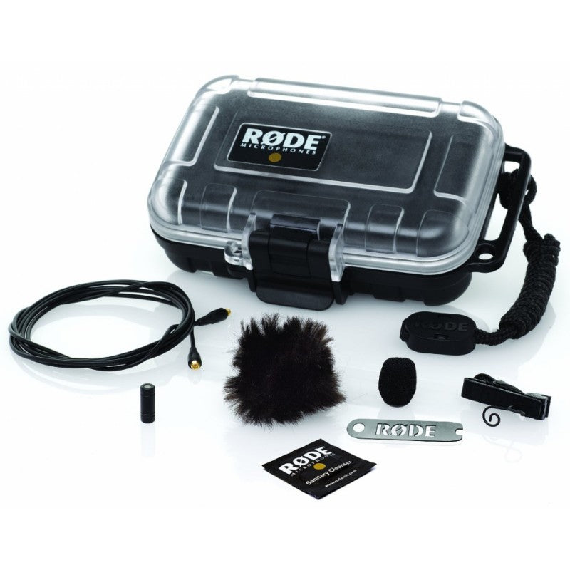 Rode Lavalier Lapel Microphone, best used for interview and in-field audio capture, front view of the product.