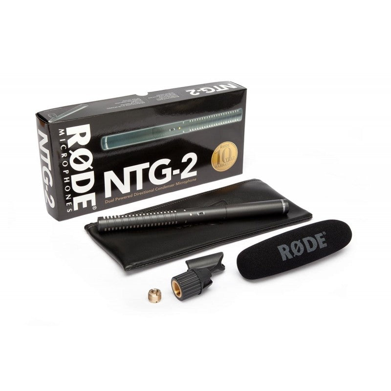 Rode NTG-2 Long Shotgun Microphone, best used for compact studio audio capture, full view of the product and box.